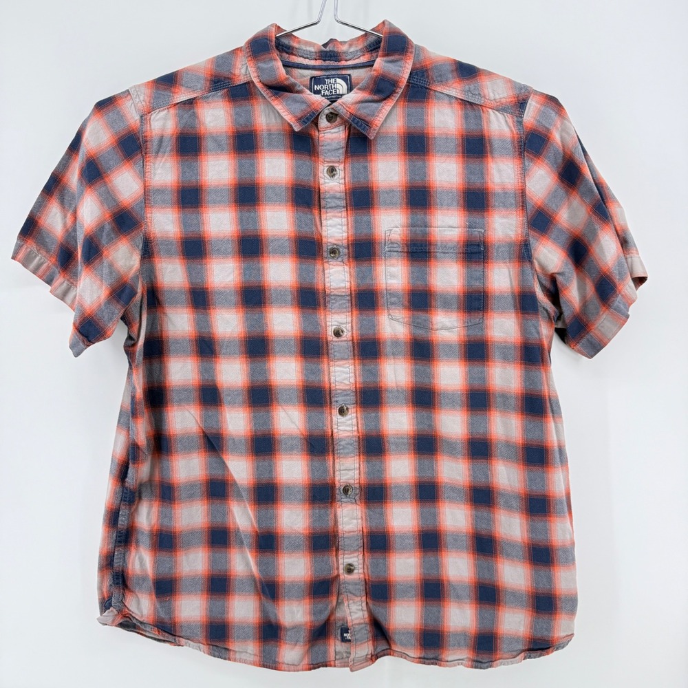 The North Face Button Down Shirt Mens XL Orange Blue Plaid Cotton Short Sleeve